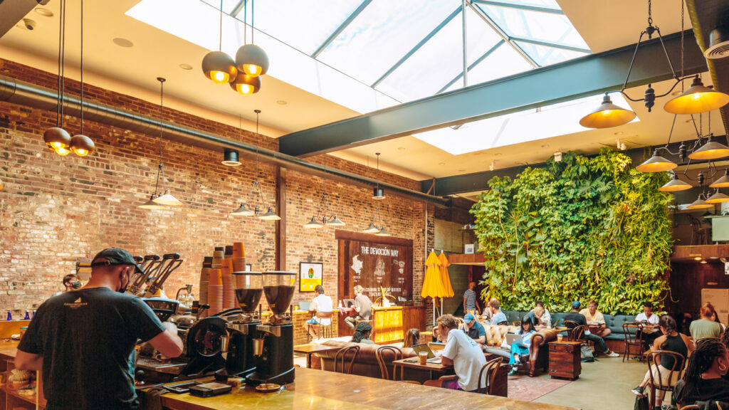 Interior of Devoción, one of the best coffee shops in Williamsburg, Brooklyn